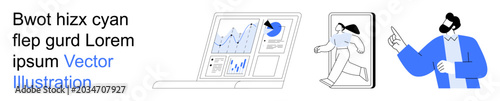 Business strategy, technology, data analysis, mobile connectivity, teamwork, communication. Data graphs on a laptop, a person walking through a screen and pointing gesture. Business strategy
