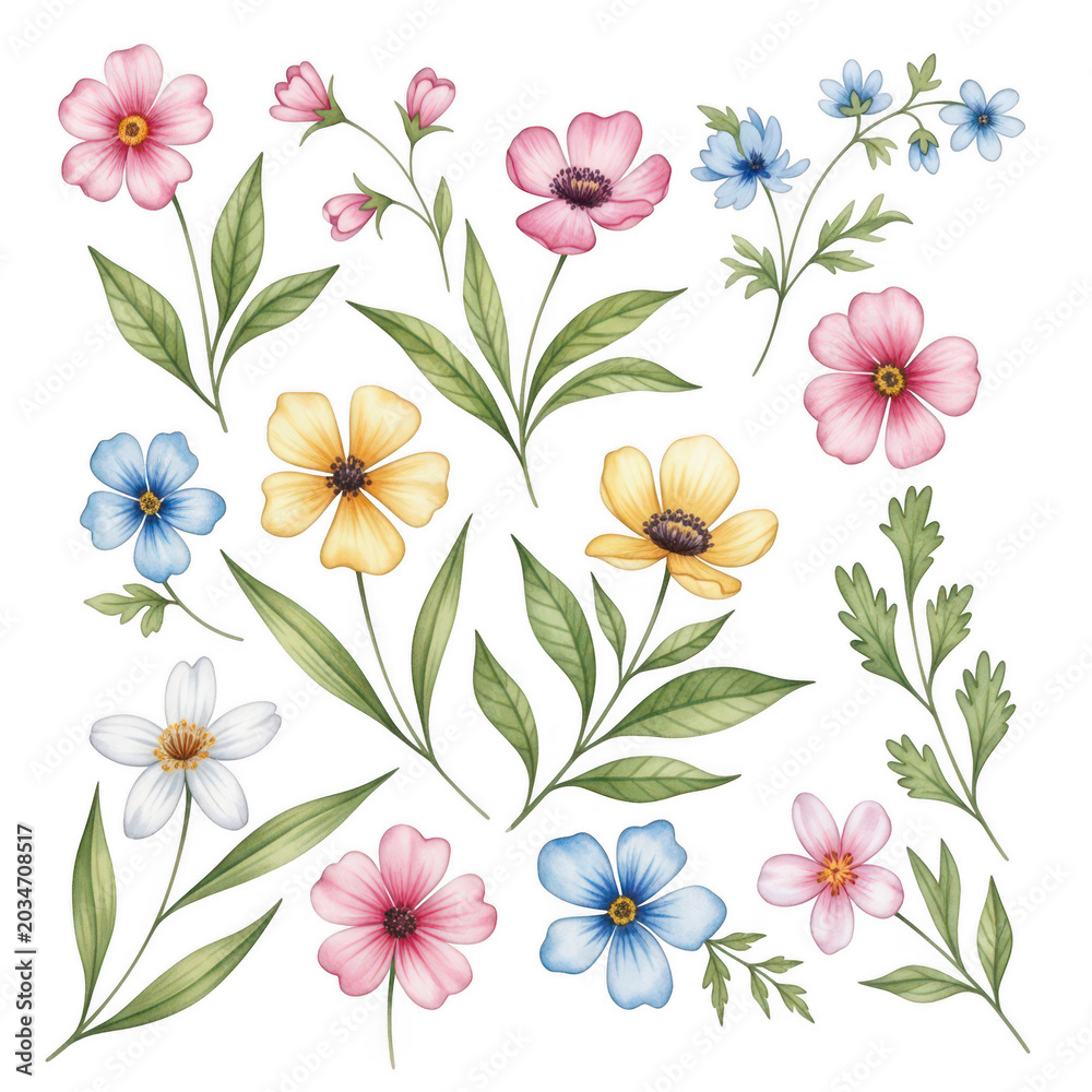 Obraz premium A vibrant and colorful illustration of various flowers and leaves isolated on transparent background