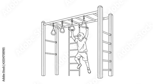 Foto Boy Hanging on Monkey Bars at Playground