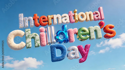 Colorful 3D 'International Children's Day' text on blue sky background	Used for Children's Day posters, greeting cards, social media posts, event banners