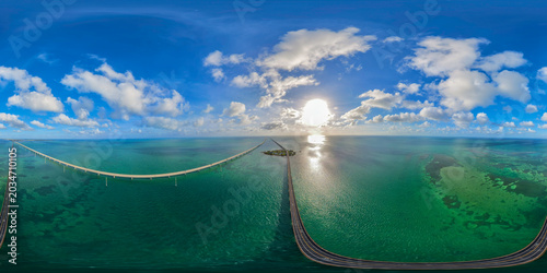 Aerial 360 VR photo Florida Keys Pigeon Key sunset 7 mile bridge 2026