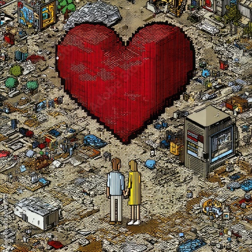 Lovers Embracing in a Pixelated City with Heart Symbol Overhead