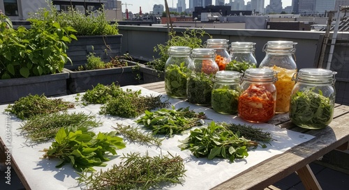 Fresh Herbs and Preserved Foods on Rooftop Garden Table