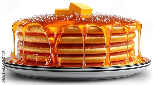 Six-layer pancake stack with two melting butter pats on top, maple syrup dripping down sides, white plate with black double rim line, white background.