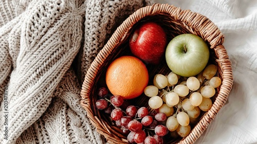 Commercial top down wicker fruit basket with apples, orange, banana, red and green grapes, on textured white blanket background.