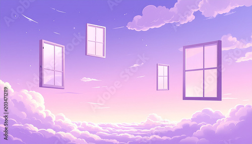 Windows floating in the sky among clouds and sunset