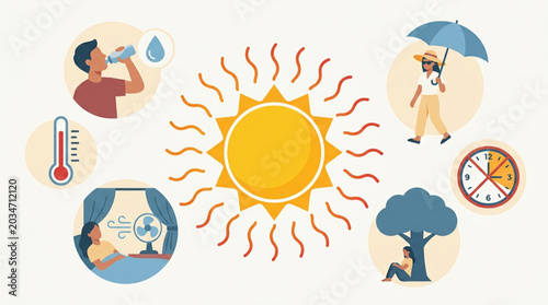 Illustrations depict ways to stay cool during hot summer weather, including drinking water, using a fan, seeking shade under a tree, and using an umbrella on a light blue background