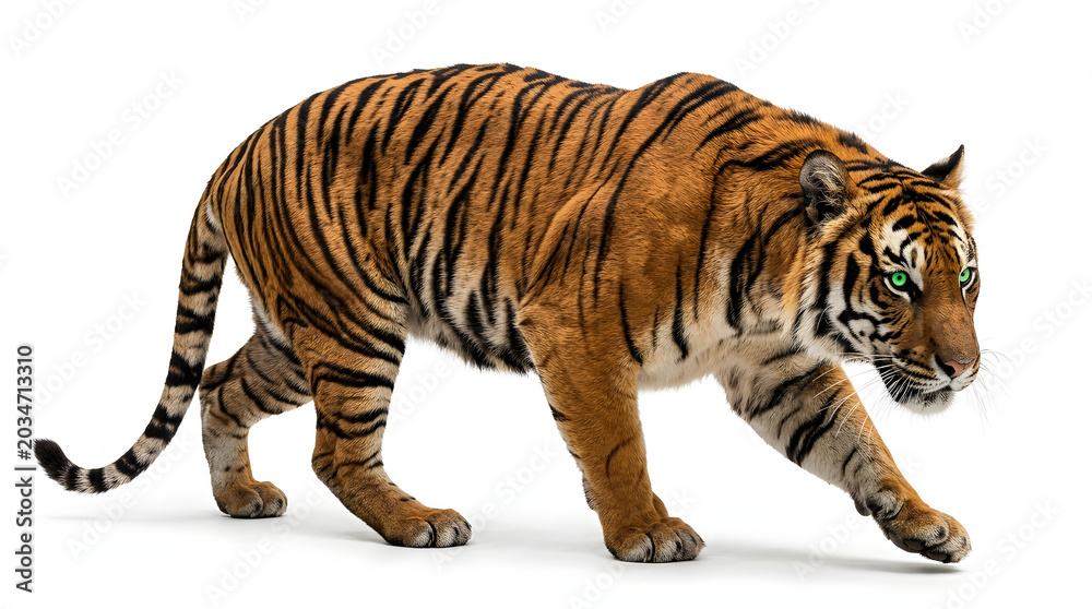 Fototapeta premium A majestic Bengal tiger with striking green eyes, walking gracefully on a white background, showcasing its distinctive orange and black stripes.