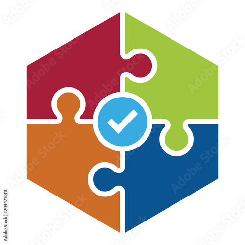Tableau sur toile Colorful puzzle pieces coming together with checkmark in the middle icon