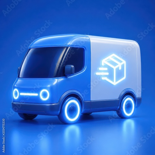 Electric Delivery Truck with Glowing Blue Accents and Futuristic Design Elements on Dark Background