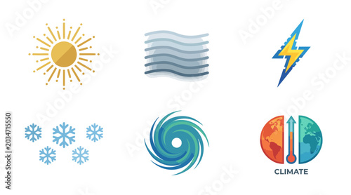 Tableau sur toile Collection of stylized weather icons featuring sun wind lightning snowflake hurr