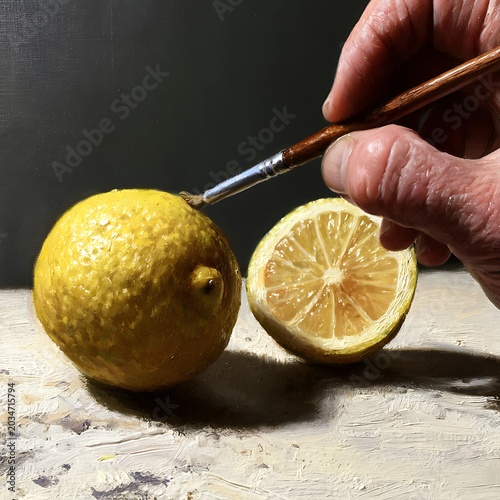 Meticulous realism An artist's hand delicately paints a vibrant yellow whole lemon, capturing intricate details for a stunning still life artwork with fresh citrus