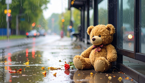 abandoned teddy bear sitting alone on wet sidewalk on rainy day