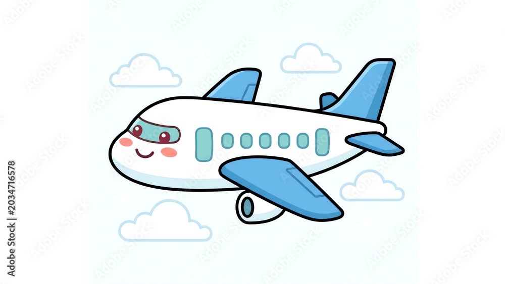 Naklejka premium Cute Airplane Flying in Sky with Clouds