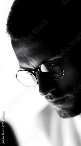 Close-up profile of a thoughtful man wearing glasses, illuminated by dramatic side lighting, conveying focus and contemplation