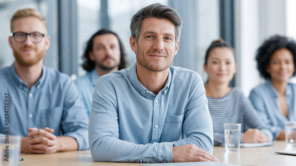 Fototapeta premium Confident diverse team sitting in meeting room smiling at camera grey hair and glasses for man on left with blue shirt leading and people behind him wearing blue shirts