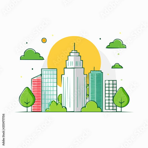 Flat Design Cityscape with Skyscrapers and Sun