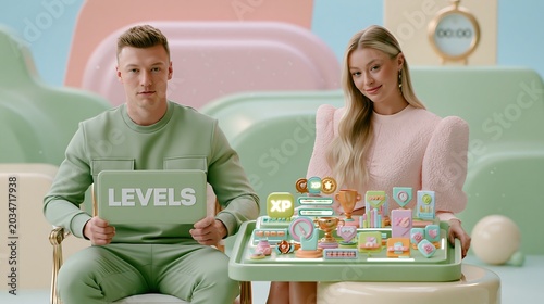 A cheerful couple engages with a playful game-themed setup, symbolizing personal growth and achievement with 'LEVELS' and 'XP' elements in a bright, modern, pastel environment