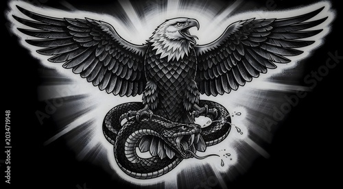 Ferocious Eagle Dominating Venomous Snake Tattoo Art