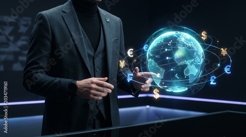 Professional entrepreneur standing next to a floating currency globe hologram.