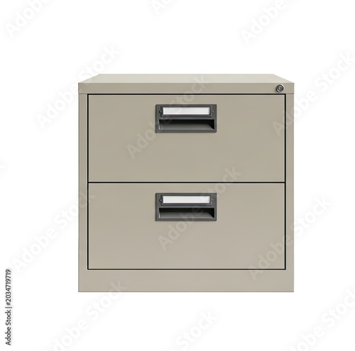 A gray metal file cabinet with two drawers sits on a transparent background. The cabinet has a lock and silver handles.