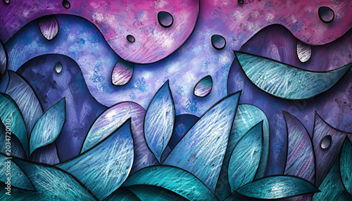 Soft cinematic lighting highlights the rich grainy textures and water droplets on these stylized overlapping blue and purple botanical shapes creating a surreal mood.