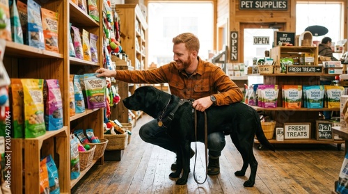 Man shopping for dog treats with his black labrador in a pet store