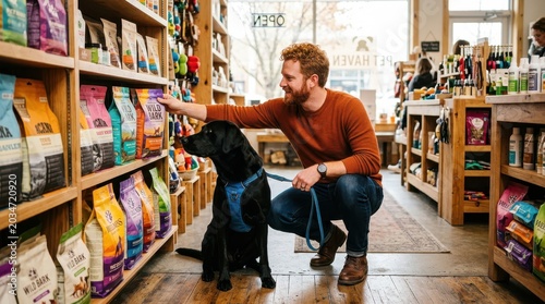 Man with his black labrador dog shopping for pet food in a store