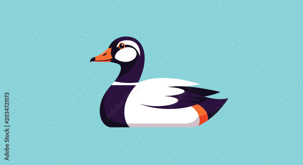 Fototapeta premium Detailed illustration of a duck swimming on a light blue background, showcasing natural wildlife in a simplified and clean artistic style.