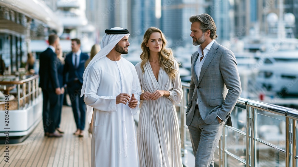 Obraz premium Group of people talk on yacht deck in city marina during daytime with tall buildings in the background