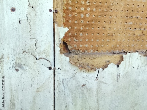 Damaged Peeling Wall Texture with Cracks and Rusty Nails