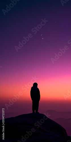 A lone person standing on a mountain peak silhouetted against a vibrant twilight sky with stars visible