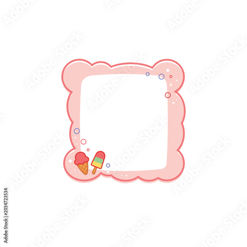 Cute Pink Wavy Cloud Border Frame with Ice Cream Cone and Popsicle