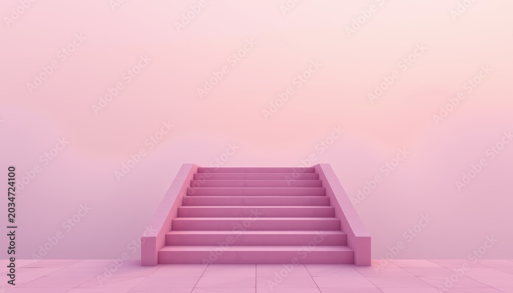 Obraz premium Minimalist pink staircase leading upwards against a pink wall and tiled floor.