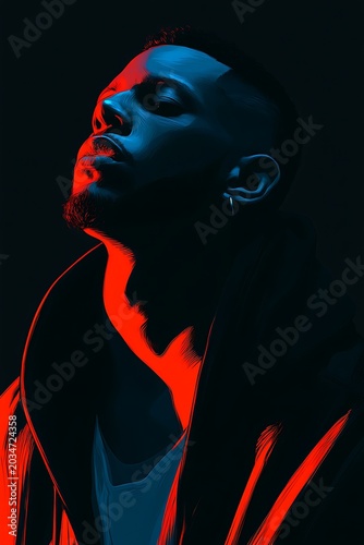 A captivating portrait of a thoughtful man bathed in dramatic split-tone neon lighting, evoking introspection and a mysterious mood; an artistic and intense human contemplation