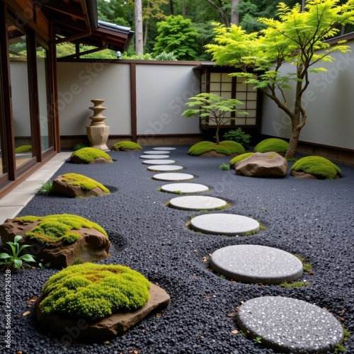 Japanese Zen garden with stepping stones, moss-covered rocks, trees and traditional architecture.