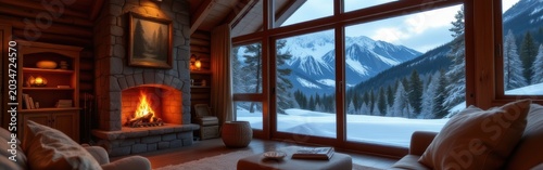 Cozy cabin interior with a roaring fireplace overlooking a snowy mountain landscape.