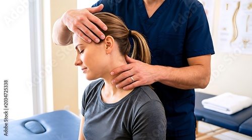 Professional male physiotherapist treating a young woman's neck and spine on a massage table, focusing on musculoskeletal health, cervical pain relief, and improving joint mobility.