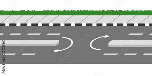 U turn lane on highway road with white arrow signs and central median divider side view background
