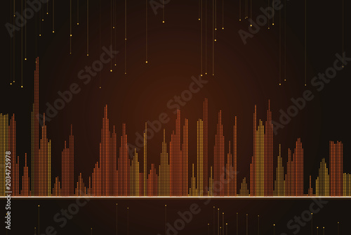 Fotografia Abstract digital cityscape with falling orbs and sound wave bars equalizer
