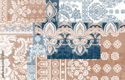 Tableau sur toile Vintage ethnic floral patchwork pattern with traditional damask, paisley, and or