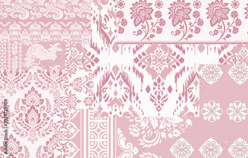 Fotografía Romantic ethnic floral patchwork pattern with traditional ikat, damask, and pais