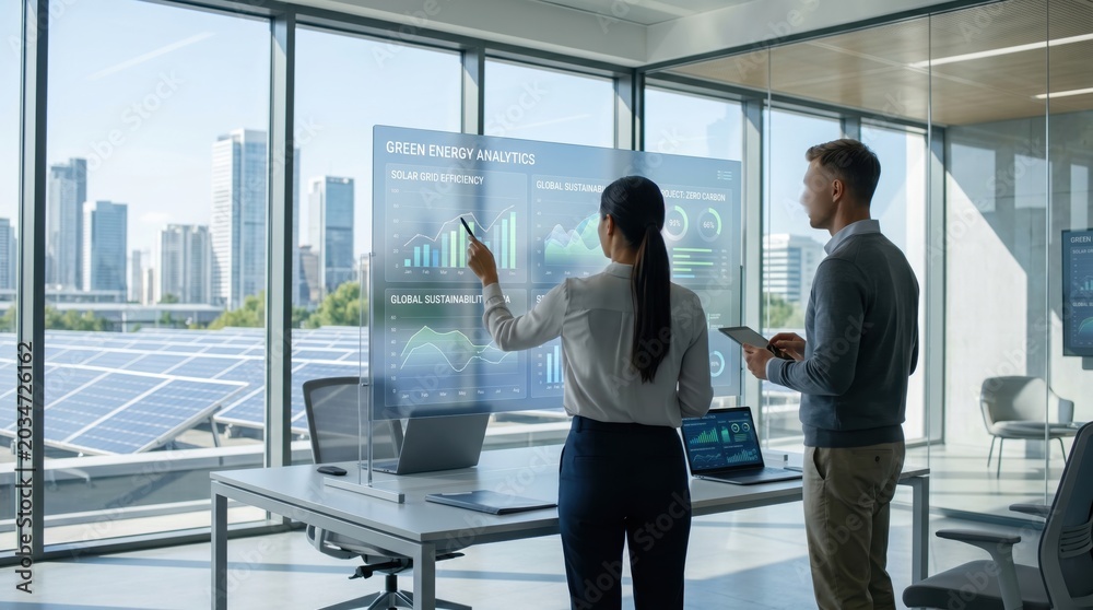 Fototapeta premium Two professionals analyzing green energy analytics and solar grid efficiency on transparent holographic screen in futuristic office, sustainable technology concept