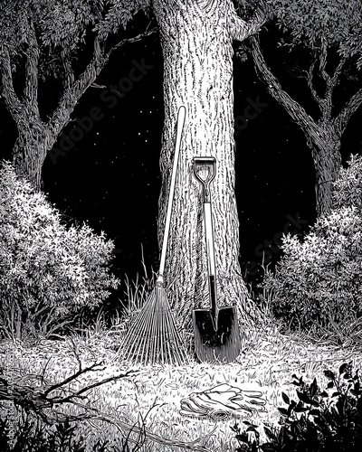 Grayscale art a shovel and rake against a tree in a dark forest. Depicting essential gardening tools and the mysterious quietude of nature and outdoor labor
