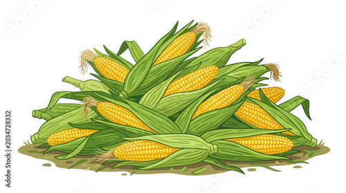A pile of freshly harvested corn on the cob with green leaves