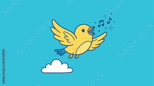 Billede på lærred Happy Yellow Bird Flying and Singing with Music Notes Vector