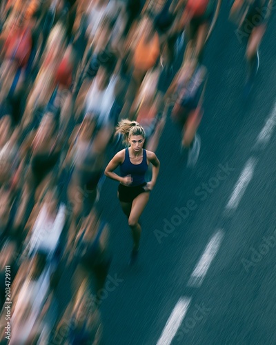 A determined young woman running in a marathon race, captured in a dynamic high-angle motion blur shot
