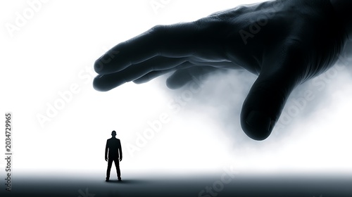 A small human silhouette faces the intimidating concept of a looming, colossal hand, representing themes of immense power, control, and human vulnerability