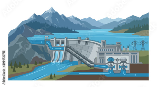 A hydroelectric dam generates power in a scenic mountainous landscape with water flowing through turbines.