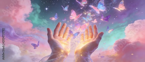 Hands releasing glowing butterflies into a pastel magical sky as a symbol of freedom and inspiration